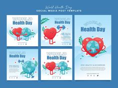 social media post templates for world health day with heart and cup on blue background