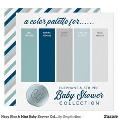 the baby shower color palette is shown in blue, gray and white stripes with an elephant on