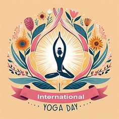 the international yoga day logo is surrounded by colorful flowers and sunbursts on an orange background