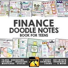 the finance doodle notes book for teens is shown in front of a white background