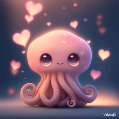 an octopus is sitting on the ground with hearts floating around it's head and eyes