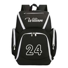 a black and white backpack with the number 24 on it