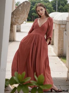 Olivia Mark - Elegant Beachside Maxi Dress with Pleated Neckline and Long Sleeves Red Boho Print V-neck Maxi Dress, Pleated Neckline, Bohemian Dress, Olivia Mark, Casual Dresses, Long Sleeves, Maxi Dress, Long Sleeve, Dresses