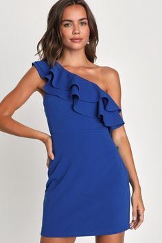 Looking absolutely captivating is easy to when you have look like the Lulus Enticing Behavior Cobalt Blue Ruffled One-Shoulder Mini Dress! Stretchy crepe knit shapes this eye-catching dress that features a princess-seamed bodice and a one-shoulder neckline adorned with a ruffled, flounce trim (and hidden no-slip strips). The fitted waist tops a figure-flaunting bodycon skirt that finishes at a mini hem. Hidden side zipper/clasp. Fit: This garment fits true to size. Length: Mid-thigh. Size medium One Shoulder Blue Dress Short, Colbolt Blue Dress Accessories, Blue Ruffle Dress Lulus, Preppy Royal Blue Dress, One Shoulder Dress Lulus, Recruitment Dresses, Cobalt Blue Dress, Blue Cobalt, Lulu Fashion