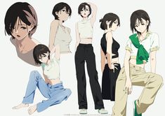 an anime character is posing for the camera with other characters around her, all in different poses