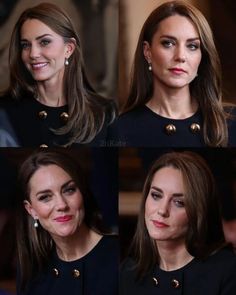 several pictures of the same woman with different facial expressions on her face and in black dress