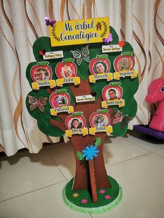 a family tree with pictures on it in front of a curtained window and a pink toy horse