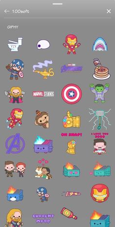 the avengers sticker pack is displayed on an iphone's screen, and it appears to be filled with cartoon characters