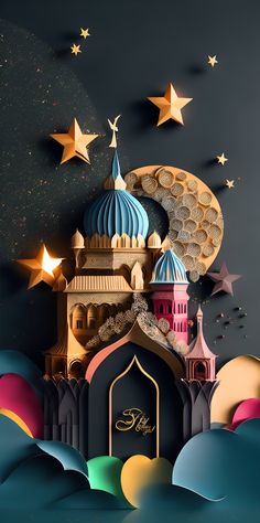 an artistic illustration of a mosque with stars and moon in the night sky above it