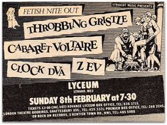 an old concert poster from the early 20th century with text reading,'throbing grise cabret voltaire clock dv '