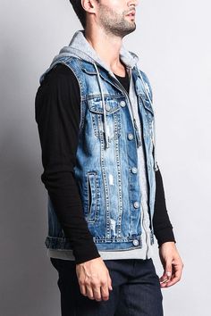 The classic denim vest is here for a comeback! Now featuring a pre-layered look that makes it look like you have on a sleeveless hoodie underneath! Offered in distressed wash, this will be your new go-to outerwear that makes for a great layering piece! - 100% Cotton - Machine-wash cold inside out - Imported Blue Denim Jacket Outfit, Denim Jacket Outfit, Sleeveless Hoodie, Love Jeans, Blue Denim Jacket, Detachable Hood, Denim Vest, Layered Look, Fashion Lookbook