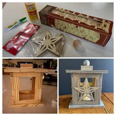 three different pictures with some items on the table and one is made out of wood