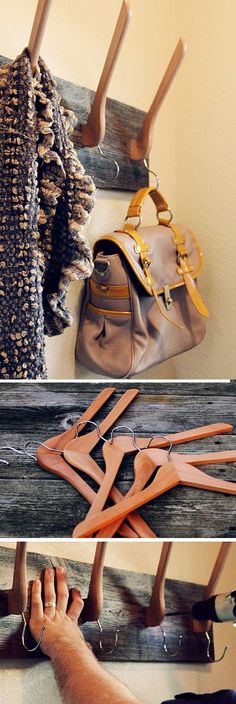 three pictures showing different types of purses and clothes hanging from hooks on the wall