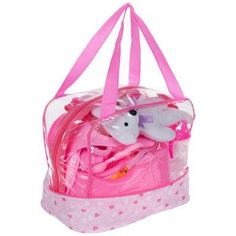 a pink bag filled with lots of items on top of a white background and polka dots