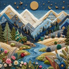 a painting of mountains and trees with stars in the night sky above them is a river that runs through it