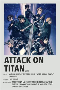 the poster for attack on titan, which features four men with swords in their hands