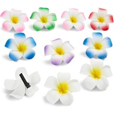 Make your hair stand with these lovely and colorful Hawaiian plumeria foam flower clips. These flower clips are the perfect accessory for the summer and can complement your outfit when attending a luau, beach parties, summer BBQ's, pool parties, and other fun event. Come with 10 assorted flower hair clips per pack; 6 colors. Hawaiian Flower Hair, Flower Foam, Hair Clips Cute, Decorative Hair Clips, Foam Flower, Cute Hair Accessories, Hawaiian Plumeria, Hawaiian Birthday Party, Hawaiian Birthday