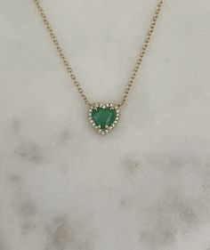 14K Solid Yellow Gold 0.55 Carat Emerald 0.04 Carat Diamond (VS-SI G-H) Heart is 7MM Adjustable Length 16, 17, 18 inches Diamond Huggie Earrings, Gold Initial, Minimalist Necklace, Chain Ring, Huggies Earrings, Solid Yellow, Halo Diamond, Spring Rings, Heart Shape