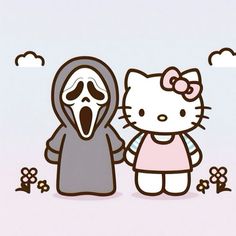 hello kitty and her ghost friend are standing in front of some flowers with their mouths open