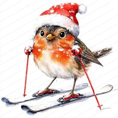 a watercolor painting of a bird on skis wearing a santa hat and holding ski poles