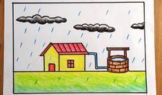 a child's drawing of a house with rain coming down on it and a barrel in the foreground