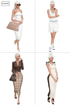 four different poses of women in white outfits