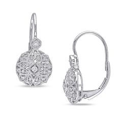 A brilliant and dainty look, these shimmering petite vintage-inspired diamond drop earrings go from easy to elegant. Crafted in cool 14K white gold, each round earring features a geometric design with diamonds and intricate milgrain details beneath a single diamond in a decorated frame. Sparkling with 1/8 ct. t.w. of diamonds and a bright polished shine, these heirloom-style earrings secure with lever backs. Blue Crystal Earrings, Pink Studs, Natural Stone Jewelry, Leverback Earrings, Crystal Stud Earrings, Diamond Drops, Diamond Drop Earrings, White Earrings, Gold Drop Earrings