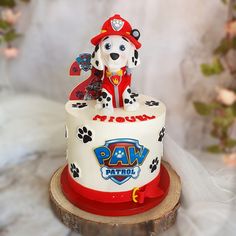 a paw patrol themed birthday cake with a dog on top