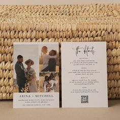 an image of a wedding program on a wicker basket next to it's card