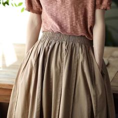 Details: Gender: Women Item Type: Skirt Material: Cotton Season: Spring, Summer, Autumn Pattern: Pleated Style: Casual, Loose, Retro Waist Type: Elastic Waist Size: One Size Waist: 62.00 - 100.00 cm/ 24.41 - 39.37 " Length: 81.00 cm/ 31.89 " Casual Stretch Full Skirt Bottoms, Casual Maxi Skirt With Pleated Waist, Casual Non-stretch Flared Skirt, Casual Stretch Pleated Skirt, Solid Color Relaxed Fit Full Skirt, Solid Color Relaxed Fit Full Skirt Bottoms, Casual Non-stretch Full Maxi Skirt, Casual Beige Full Skirt, Casual Full Skirt In Beige