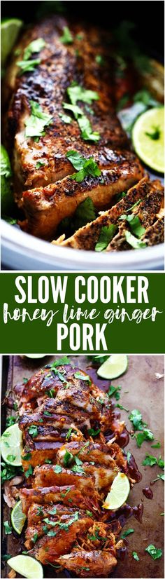 the slow cooker pork is ready to be cooked in the oven and served with green garnish