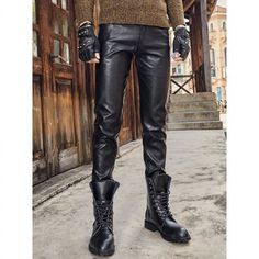 For a rocker chic look, pair these slim vegan leather pants with a cropped moto jacket, graphic tee and chunky boots. The supple, high-quality vegan leather looks and feels just like real leather for maximum style at a budget-friendly price. With sizes for everyone, these sleek biker pants make a fantastic gift for friends, family or yourself. Style pencil pants / feet pants Fabric ：100% polyester fiber (except coated PU) Softness: Soft and comfortable Elasticity: Shot Color: Black Style: Fashio Men Leather Pants Outfits Street Styles, Vegan Leather Pants, Cropped Moto Jacket, Leather Pants Outfit, Biker Pants, Mens Leather Pants, Motorcycle Pants, Stylish Men Casual, Pants Fabric