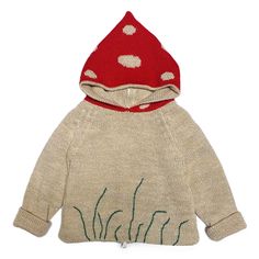 Oh, my darling! Extra cozy sweater with and adorable mushroom print. This hand-knit, hypoallergenic mushroom sweater is almost as sweet as your little one and perfect for sensitive skin. Pair with the mushroom booties, mittens, neckie and hat for a compete look. Shop the full Oeuf Collection. split 100% Baby Alpaca Hypoallergenic & eco-friendly Delicately hand wash in cool water, lay flat to dry or dry clean Hand-knit in Peru Mushroom Hoodie, Knit Alpaca, Hooded Tops, Baby Alpaca, Red Hoodie, Costume Dress, Dream Clothes, Looks Vintage, Cozy Sweaters