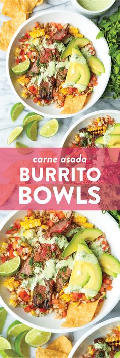 three bowls filled with different types of food on top of a white table next to guacamole and tortilla chips