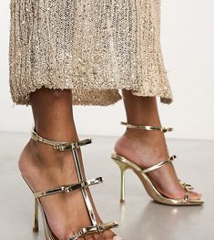 Shoes by Simmi Wide Fit Exclusive to ASOS Adjustable strap Pin-buckle fastening Bow details Open toe High point heel Simmi Shoes, Gold Trend, Exclusive Shoes, Pointed Heels, Heeled Sandal, Women Outfits, Sunglasses Shop, High Point, Girls Night Out