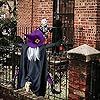 a man dressed up as a witch standing in front of a christmas tree on a porch