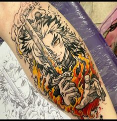 Dragon Slayer Tattoo, Hashira Tattoo, Rengoku Tattoo Ideas, Zenitsu Tattoo, Color Tattoo Sleeve, Boa Tattoo, Kimetsu No Yaiba Tattoo, Rengoku Hashira, Demon Slayer Tattoo Ideas