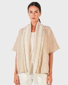 CASHMERE DOUBLE FACE REVERSIBLE SHAWL HANDMADE JACKET IN IVORY-TAUPE WITH FRINGES. ONE SIZE Face Fringe, Handmade Jacket, Beach Boutique, Cashmere Poncho, Lace Jacket, Scarf Poncho, Small Dress, Cashmere Scarf, Double Face