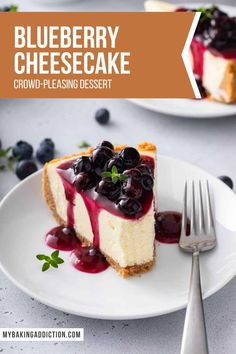 a blueberry cheesecake on a plate with a fork