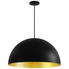 a black and gold pendant light hanging from the ceiling, with an oval shaped shade