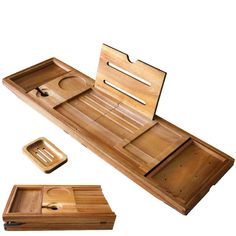 a wooden box with compartments and trays on it