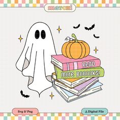 an image of a ghost with books and pumpkins