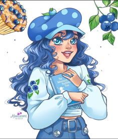 a drawing of a girl with blue hair wearing a hat and holding a book in her hands