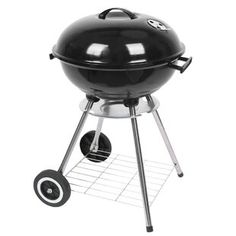 a black bbq grill with wheels on it's side and the lid open