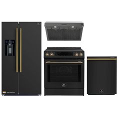 an oven, refrigerator and stove with gold trimmings on the doors are shown