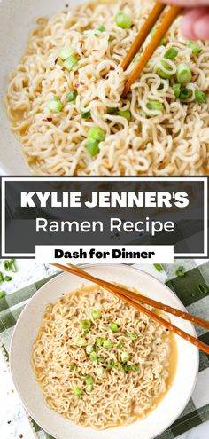 a bowl of ramen with chopsticks in it and the title overlay reads, person's ramen recipe dash for dinner