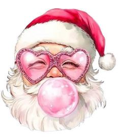 a drawing of santa claus with pink heart shaped glasses and a bubble gum in his mouth