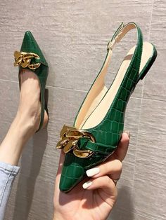 Free Returns ✓ Free Shipping On Orders $49+ ✓. Crocodile Embossed Chain Decor Point Toe Slingback Flats- Women Flats at SHEIN. Shoes Heels Classy, Chain Decor, Classy Shoes, Slingback Flats, Block Heel Shoes, Elegant Shoes, Buckle Shoes, Pointed Toe Heels, Pretty Shoes