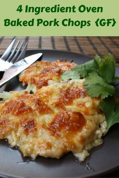 baked pork chops are served on a plate with cilantro and parsley