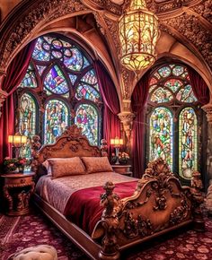 an ornate bedroom with stained glass windows and a bed in the middle is surrounded by red carpeted flooring